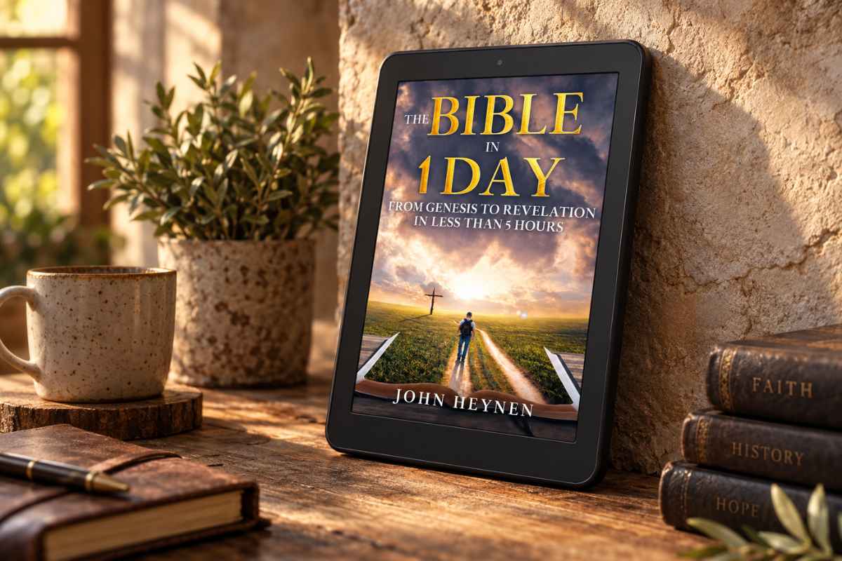 The Bible in 1 Day by John Heynen on an e-reader, on a wooden desk next to a coffee mug and old books